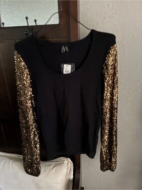 NWT! BLNK Women's Black Top with Gold Sequin Sleeves